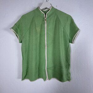 St. John Sport Marie Gray Womens Green Wool-Blend Zip-Up Short Sleeve Top Large